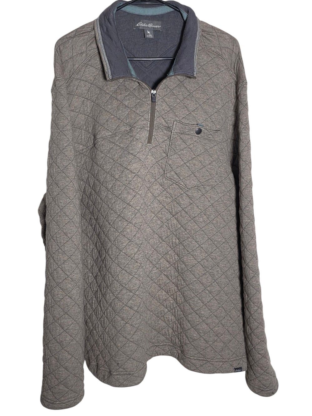 Eddie Bauer Quilted Quarter Zip Pullover Mens 2XL Brown Gray Heather Snap Pocket